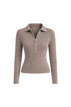 Polo Collar Zipper Detail Beige Knit Blouse