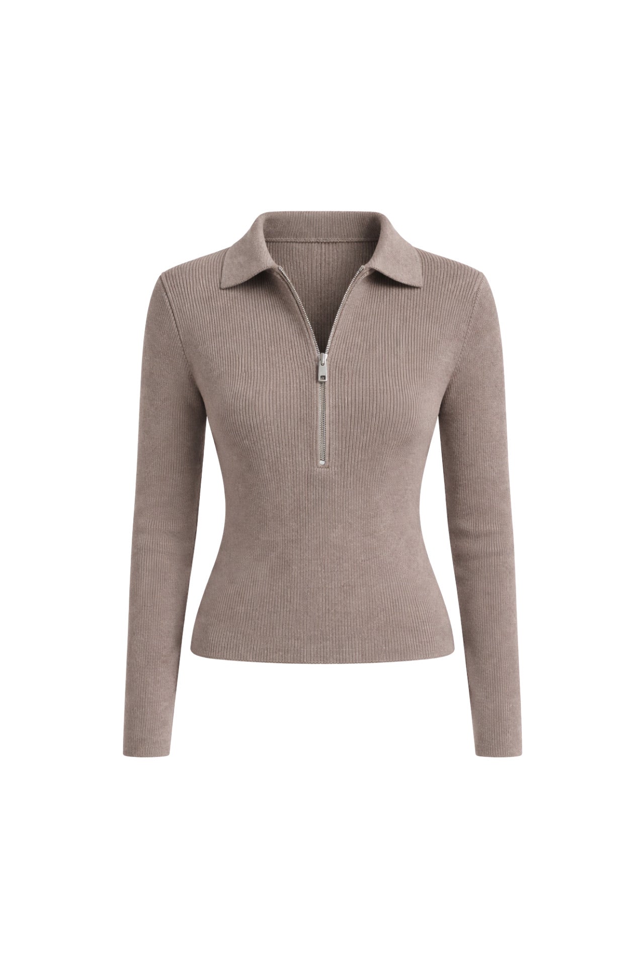 Polo Collar Zipper Detail Beige Knit Blouse