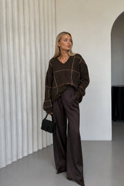 Plaid Pattern Crew Neck Textured Brown Knit Kazak