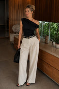 Waist-Fitted Asymmetric Shoulder Detail Black Blouse