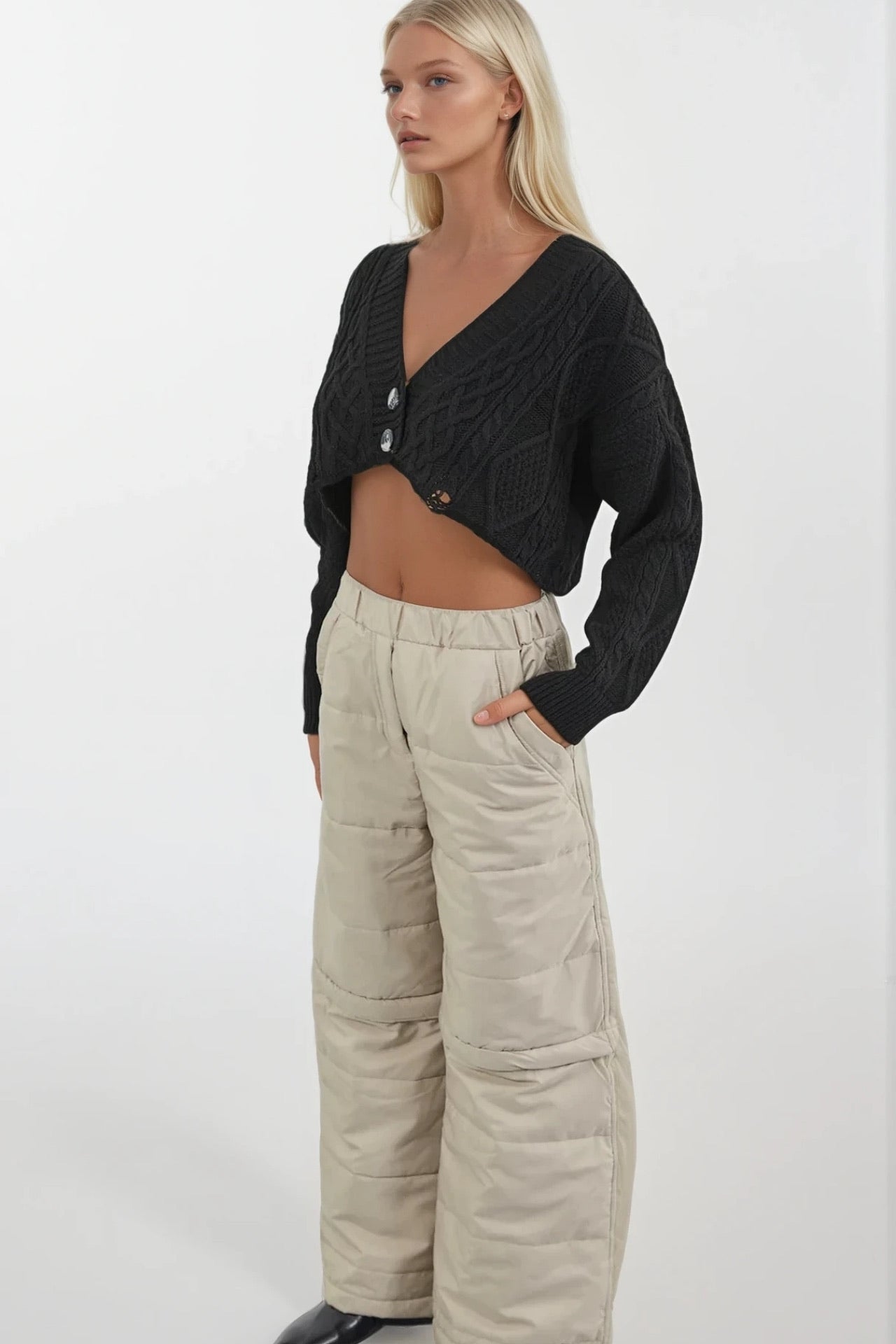Zipper Detail Beige Quilted Trousers
