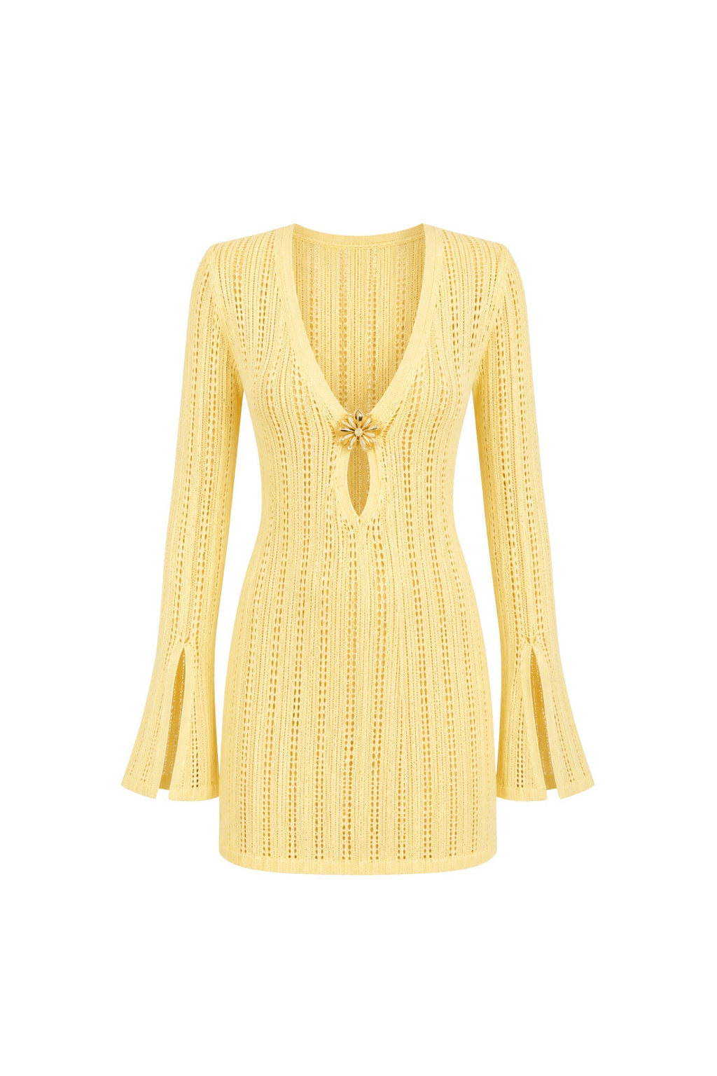 Accessory Detail Ruffled Sleeve Yellow Knit Dress