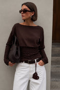 Gipe Detail Fitted Waist Boat-Neck Brown Blouse