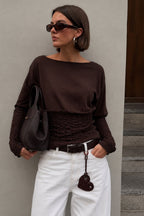 Gipe Detail Fitted Waist Boat-Neck Brown Blouse