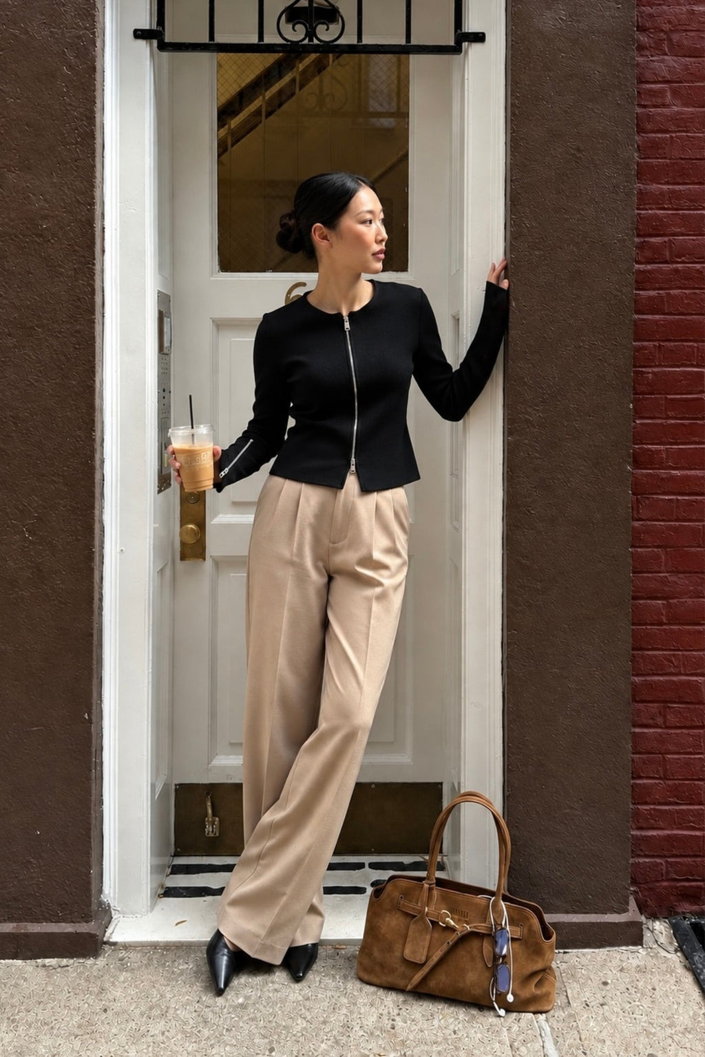 Double Fermuar Long Sleeve Black Textured Blouse