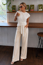 Crew Neck Tie Detail Stone Detail White Blouse