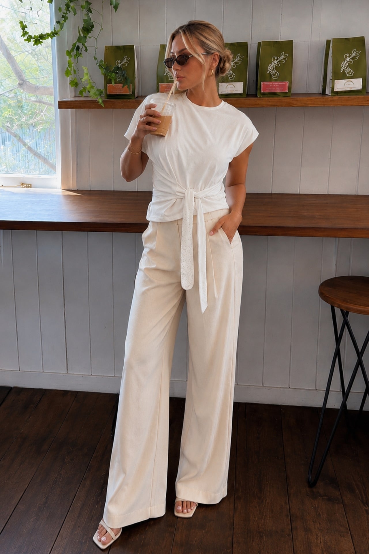 Crew Neck Tie Detail Stone Detail White Blouse