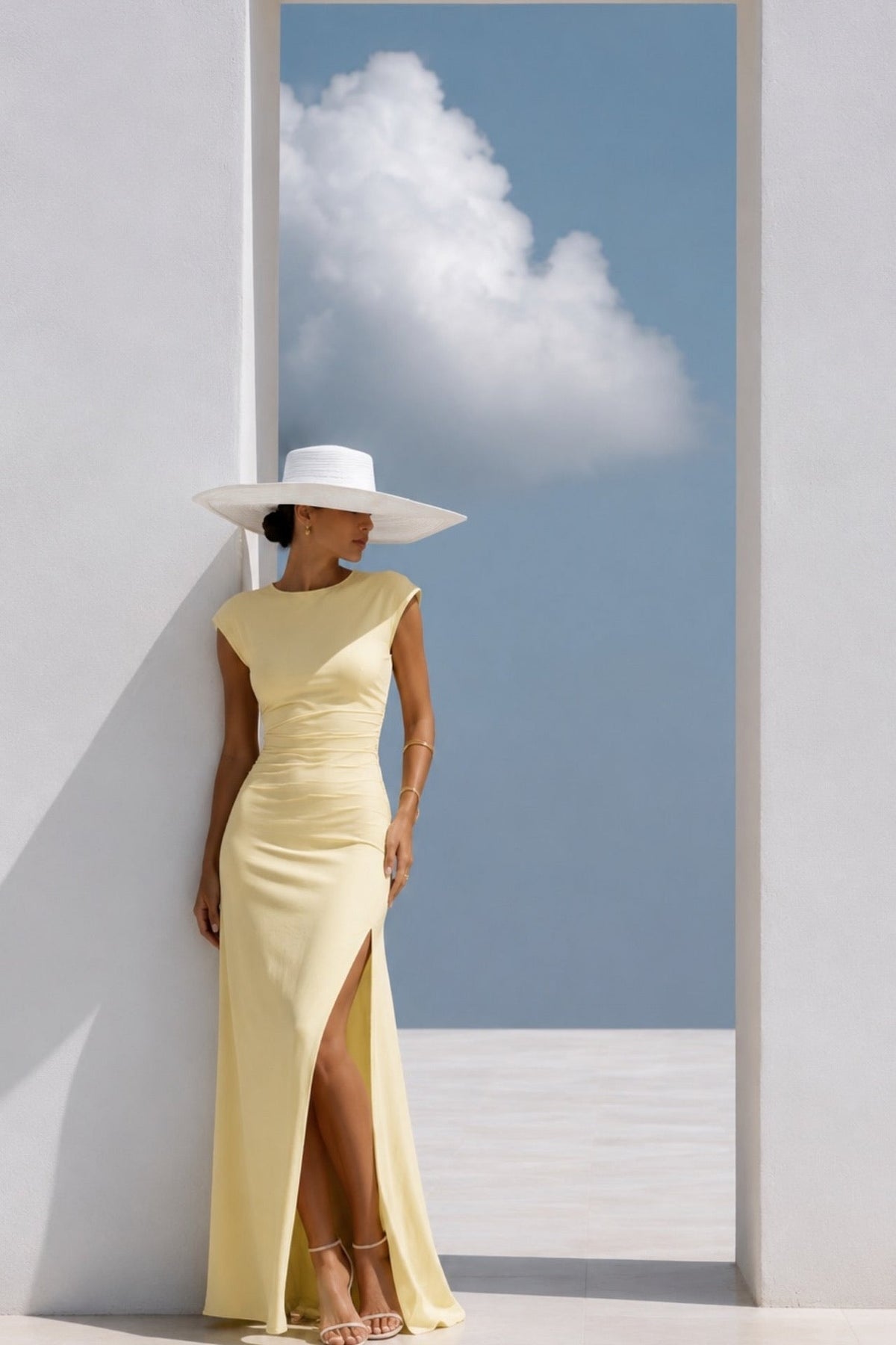 Yellow Maxi Ruched Dress with Shoulder Pads and Slit