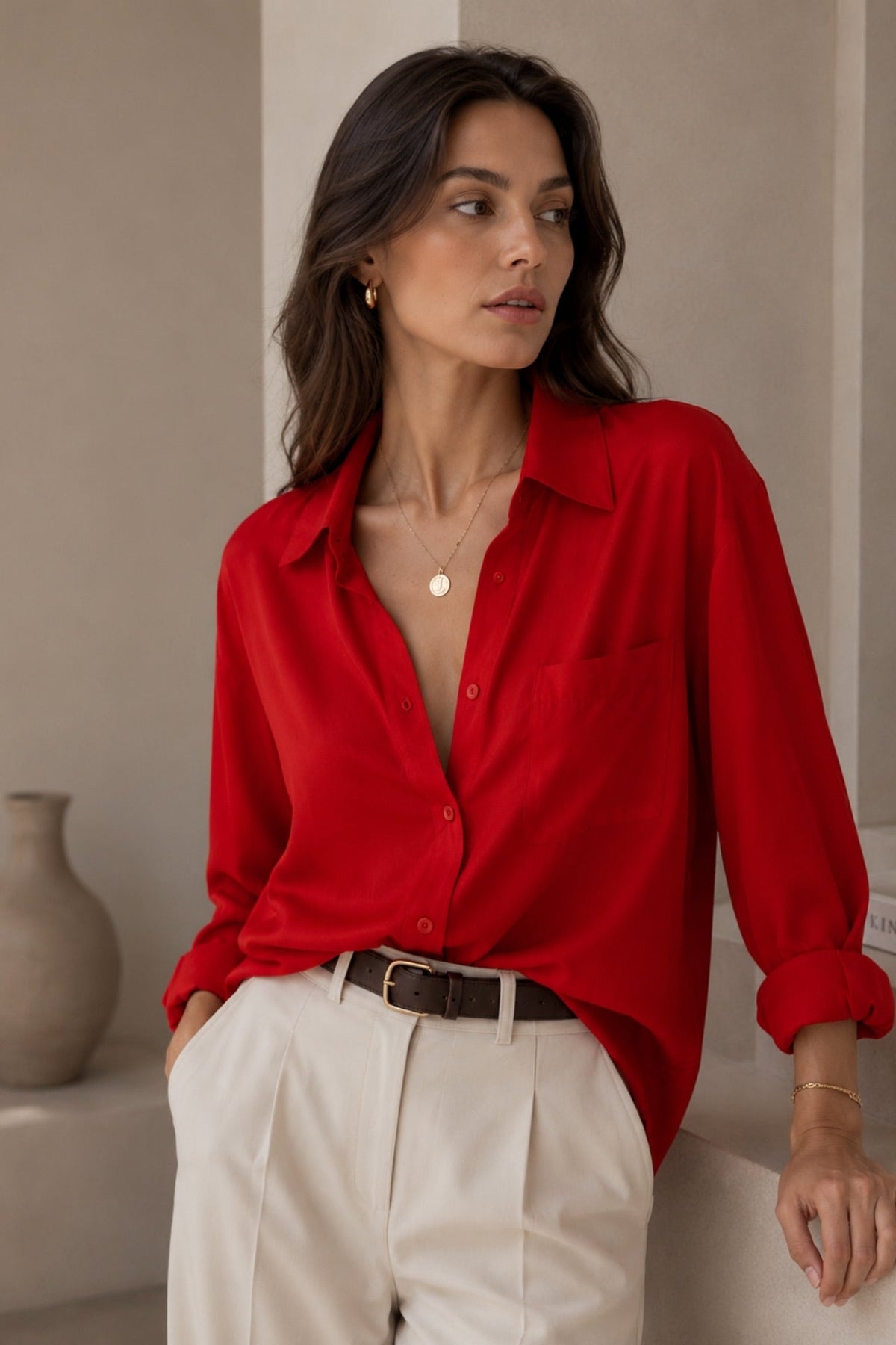Pocket Detail Basic Red Oversized Shirt