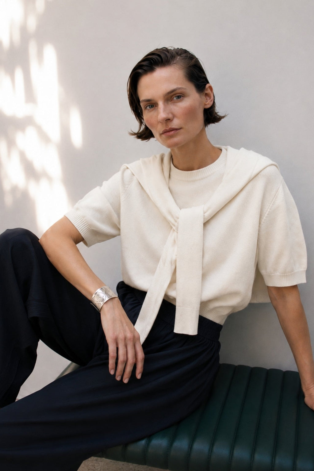 Shawl Detail Crew Neck Textured White Blouse