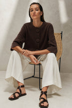 Button Detail Yarasa Sleeve Brown Knit Cardigan