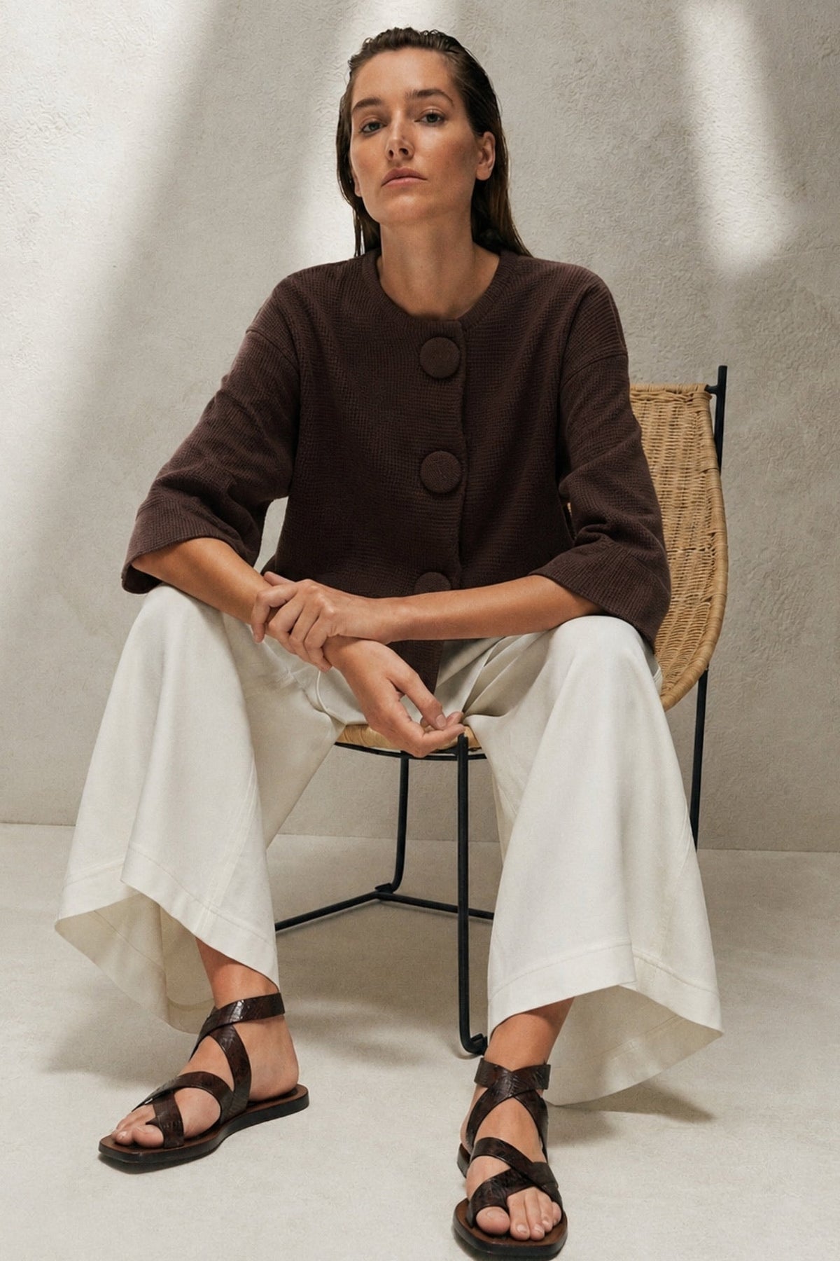 Button Detail Yarasa Sleeve Brown Knit Cardigan