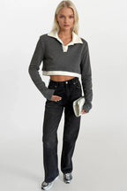 Polo Collar Contrast Detail Crop Gray Sweatshirt