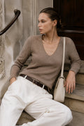 V-Neck Long Sleeve Textured Beige Blouse