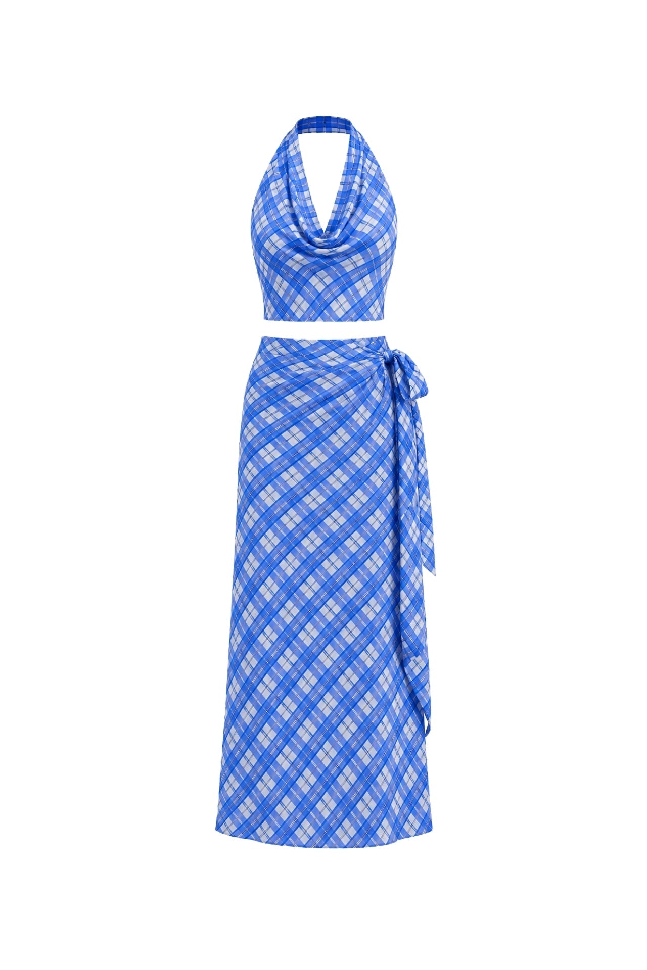 Blue Plaid Pattern Cowl Neck Blouse Tie Detail Skirt İkili Set