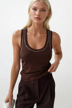 Piping Detail Halter Neck Brown White Blouse
