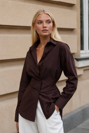 Brown Shirt with Asymmetrical Button Detail and Cinched Waist