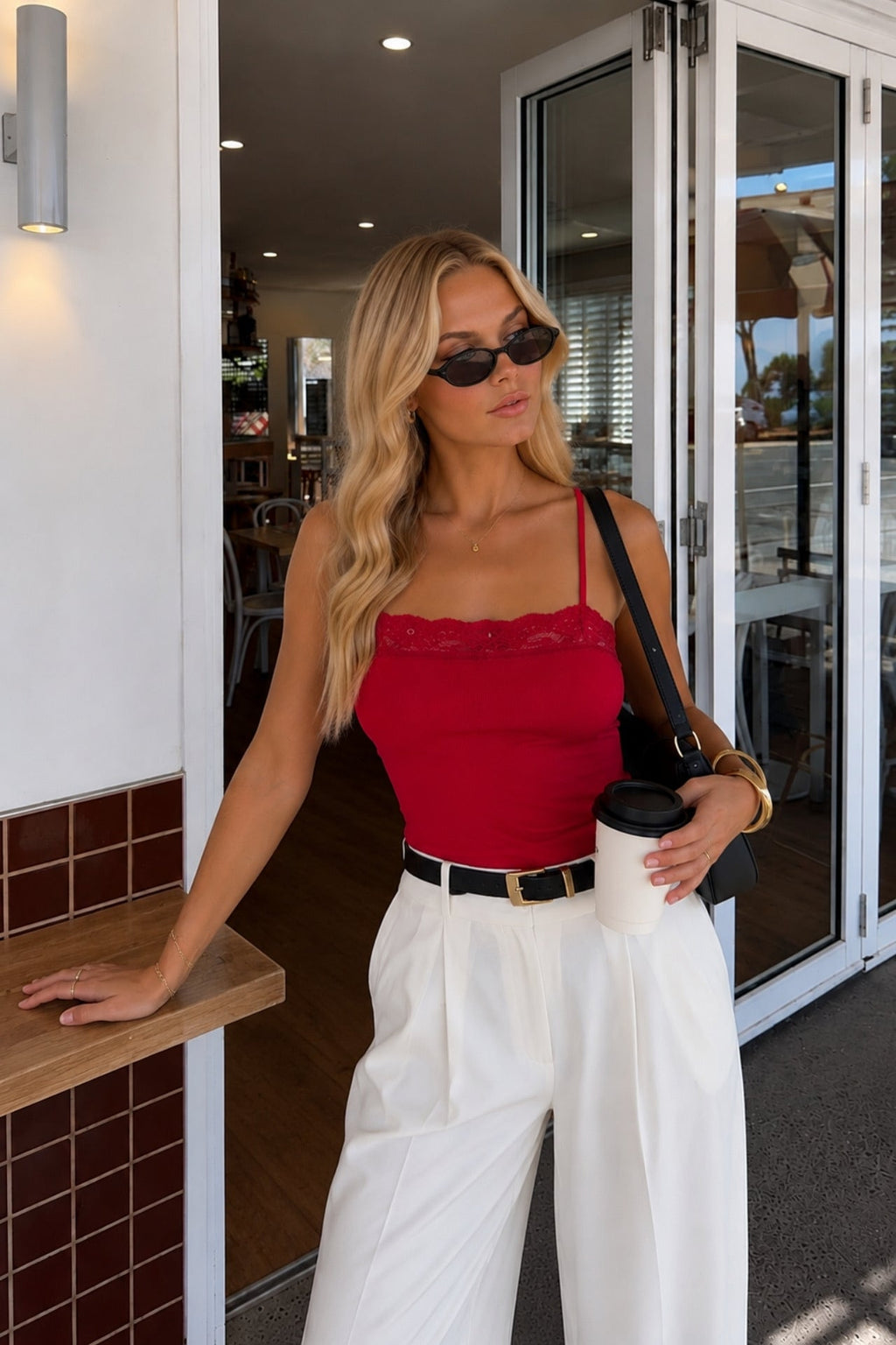 Strappy Lace Detail Red Knit Blouse