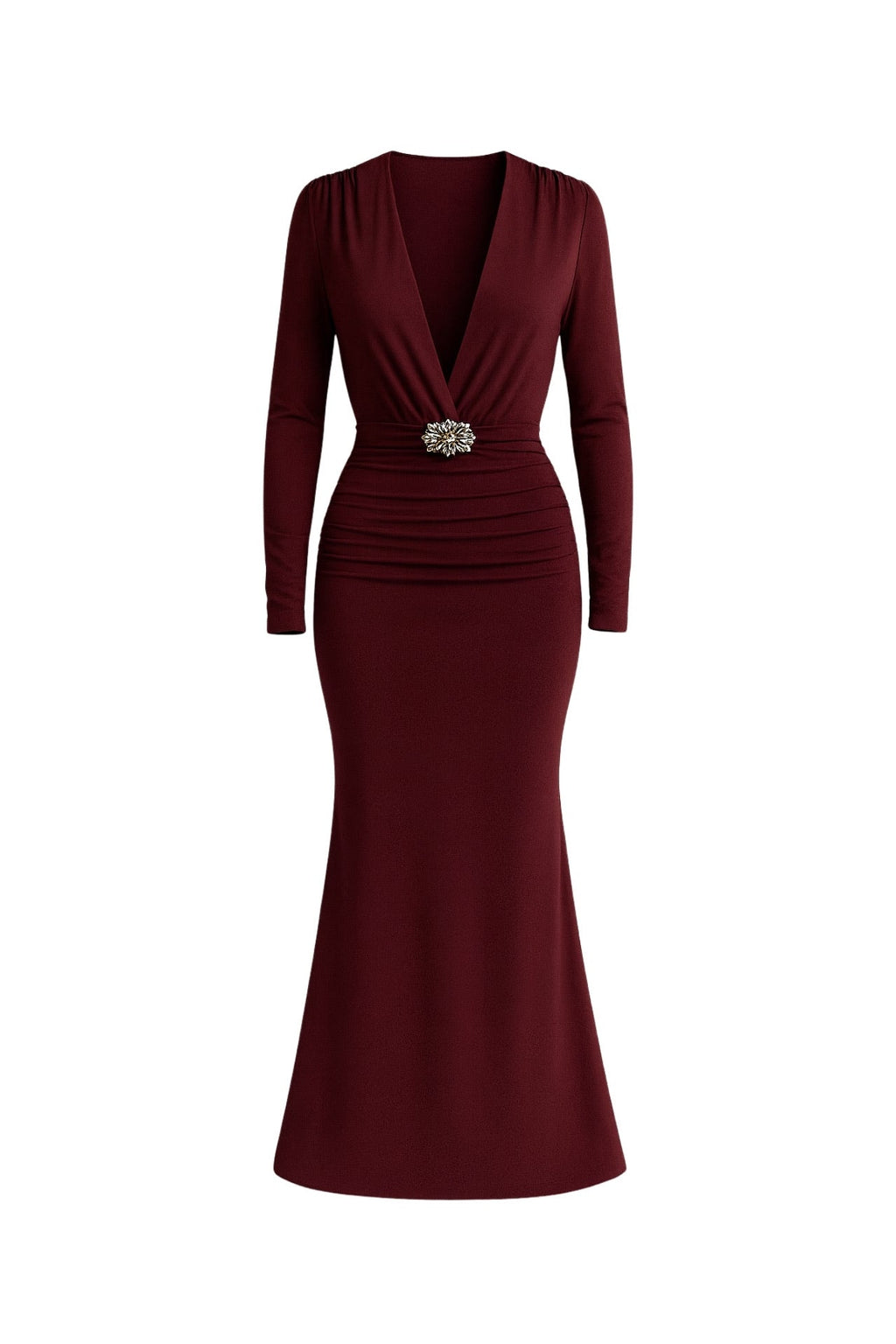 Accessory Detail Omuz And Waist Ruched Burgundy Maxi Dress