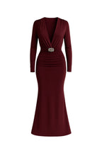 Accessory Detail Omuz And Waist Ruched Burgundy Maxi Dress