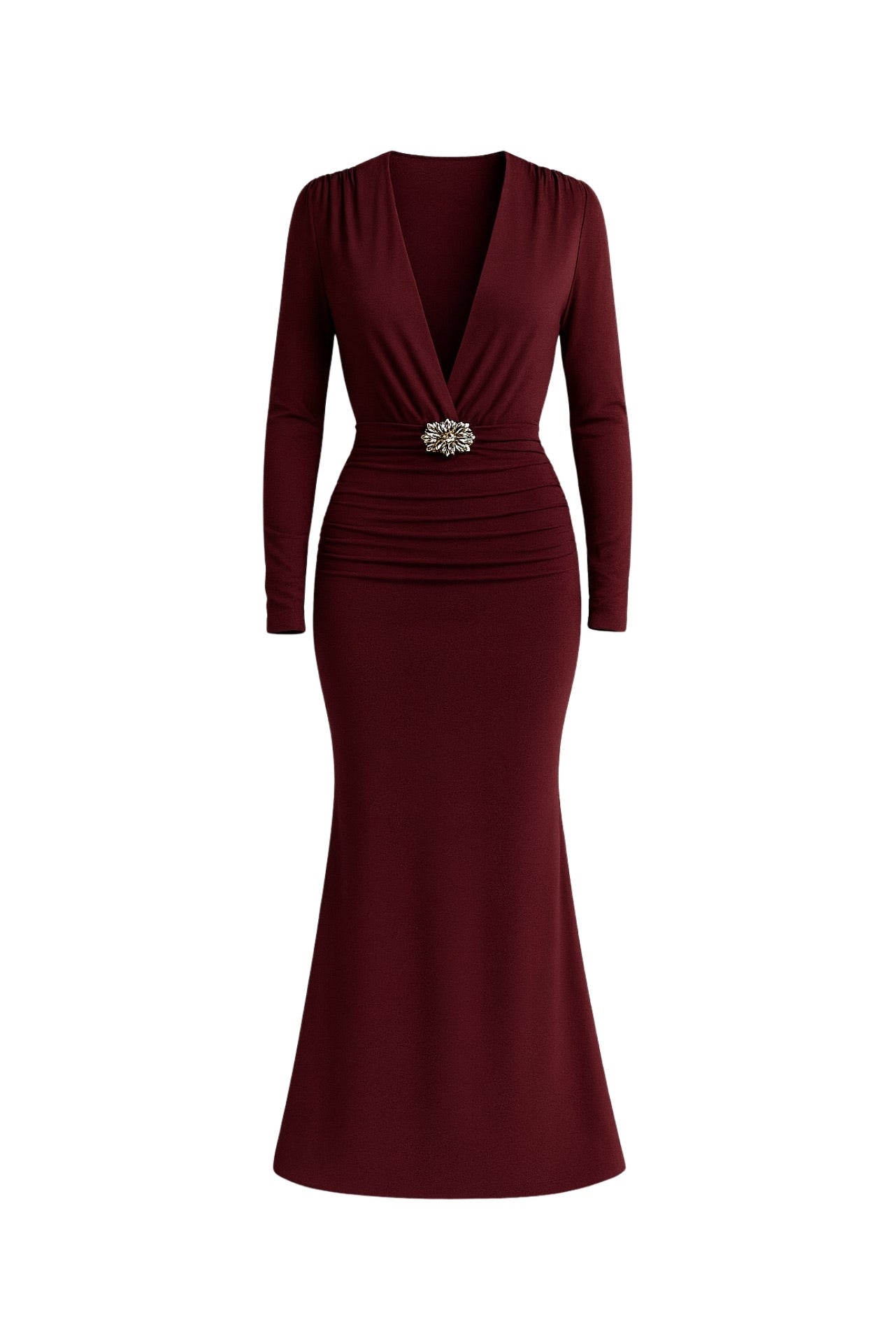 Accessory Detail Omuz And Waist Ruched Burgundy Maxi Dress