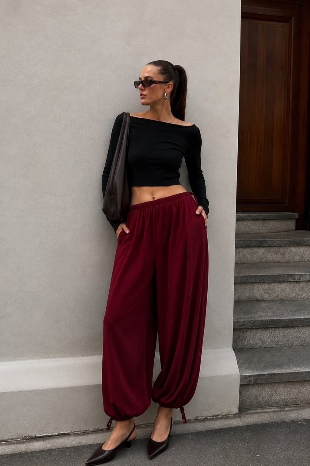 Bel ve Hem Tie Detail Burgundy Balon Trousers