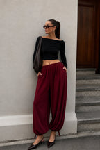 Bel ve Hem Tie Detail Burgundy Balon Trousers