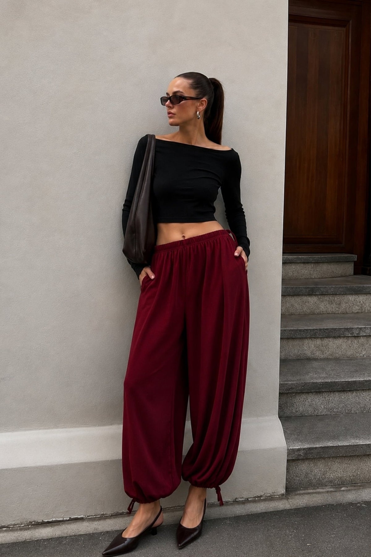 Bel ve Hem Tie Detail Burgundy Balon Trousers