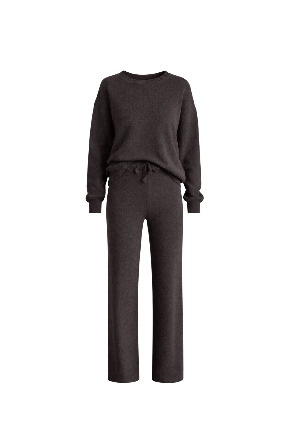 Crew Neck Brown Knit Sweater Pants Two-Piece Set