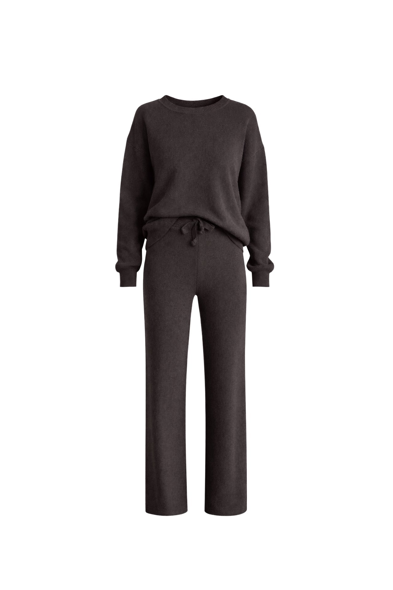 Crew Neck Brown Knit Sweater Pants Two-Piece Set