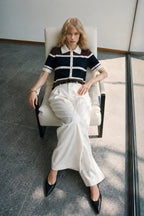 Striped Polo Collar Buttoned Brown Blouse