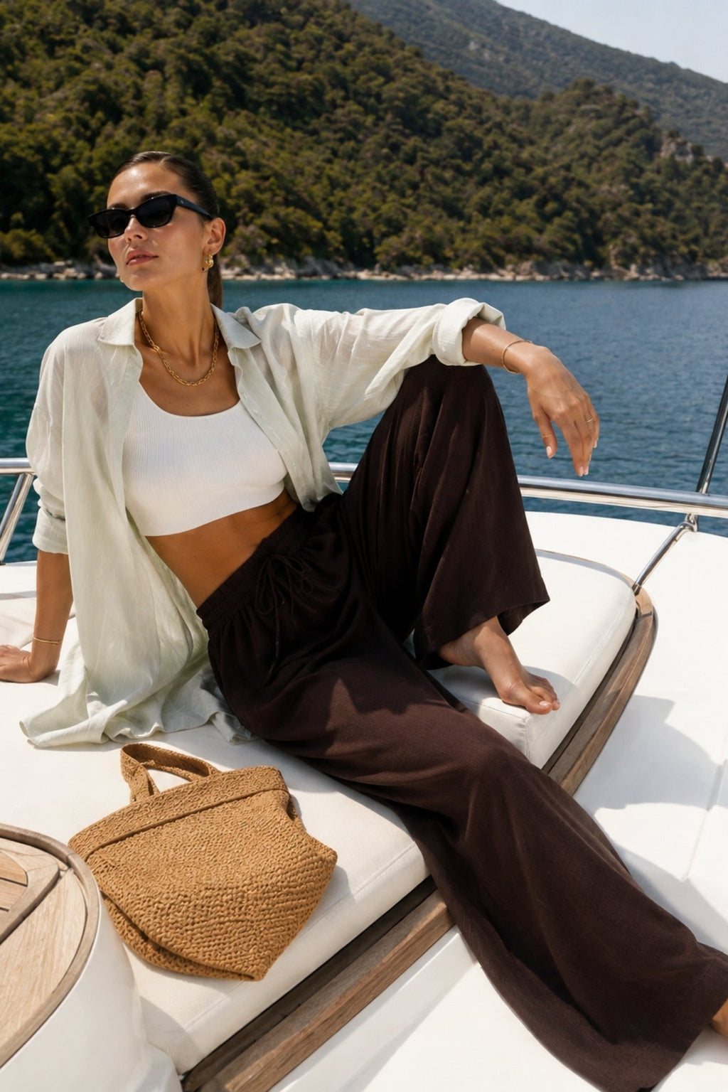 Brown Modal Trousers with Elastic Waist Detail