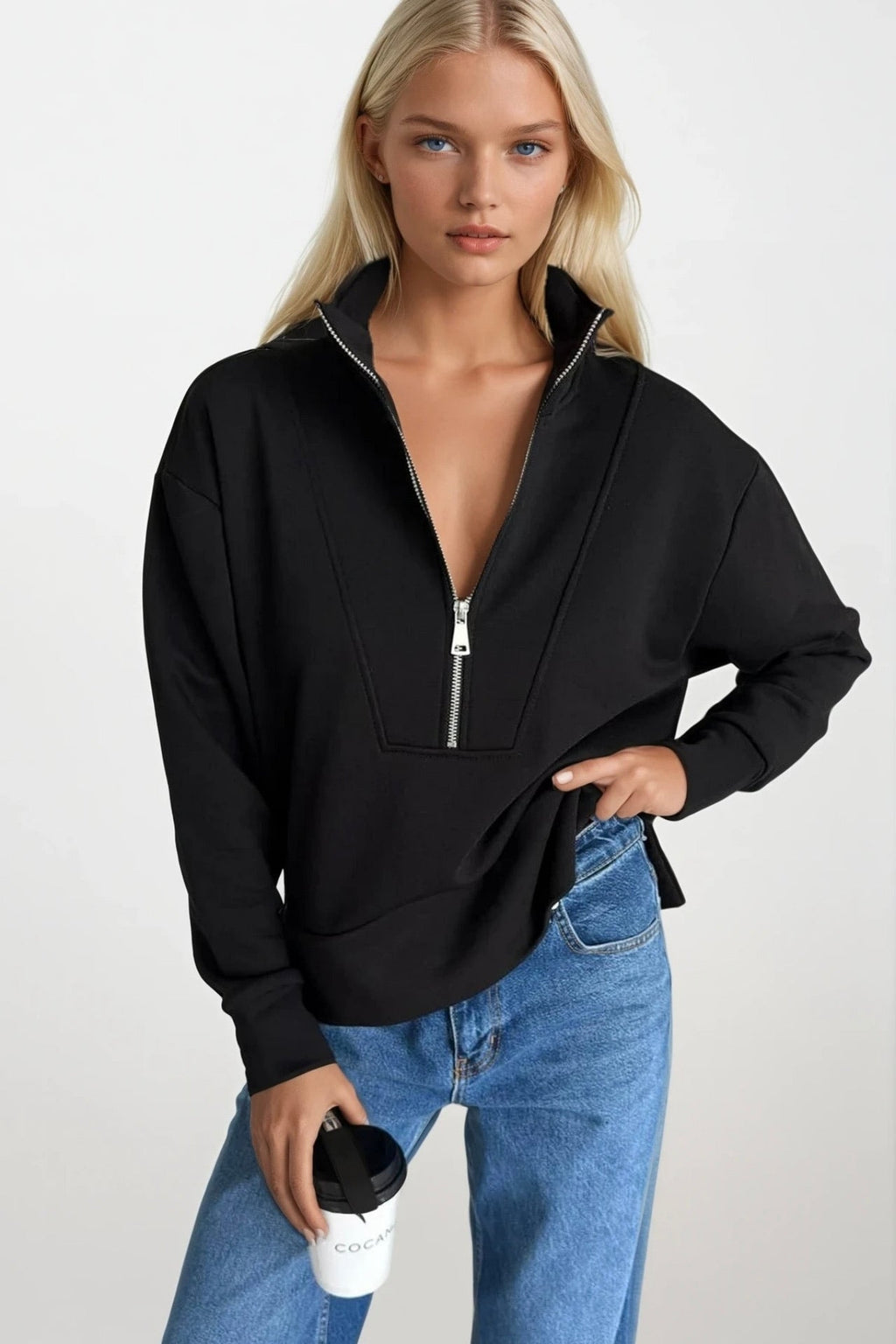Zipper And Stitch Detail Black Sweatshirt