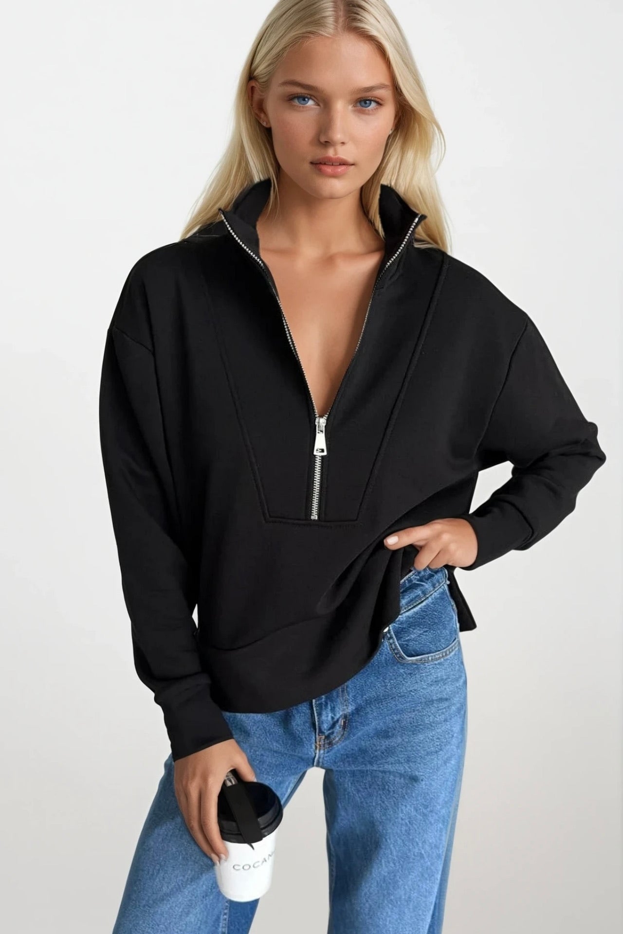 Zipper And Stitch Detail Black Sweatshirt