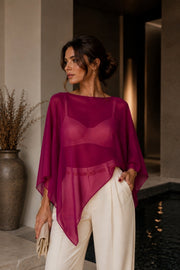 Boat Neck Asymmetrical Transparent Plum Blouse