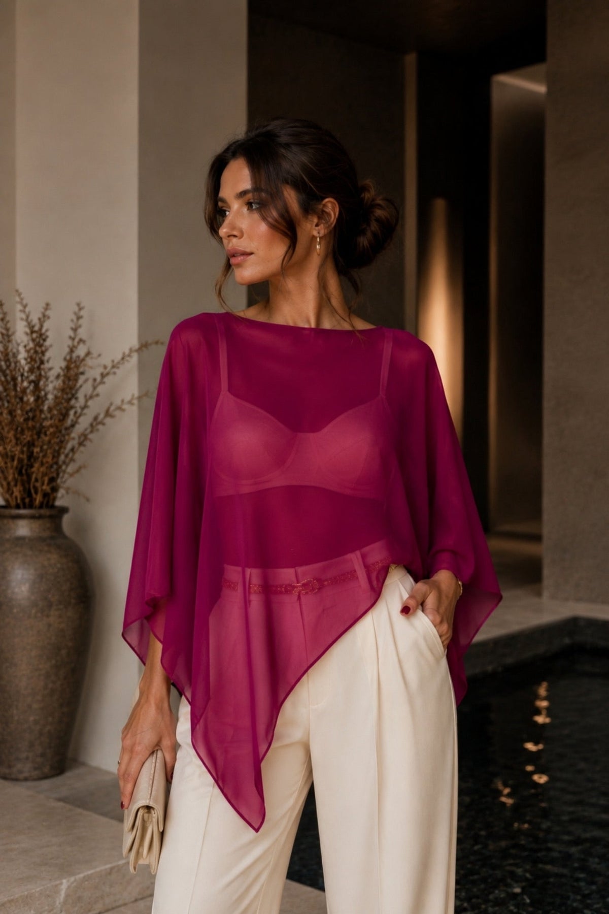 Boat Neck Asymmetrical Transparent Plum Blouse