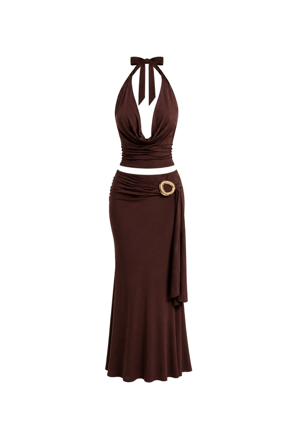 Cowl Neck Blouse Accessory Detail Maxi Skirt Two-Piece Brown Set