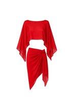 Red Transparent Two-Piece Set with Batwing Boat Neck Crop Blouse and Tie-Waist Skirt