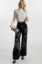 Laser Cut Wide Leg High Waist Black Jeans