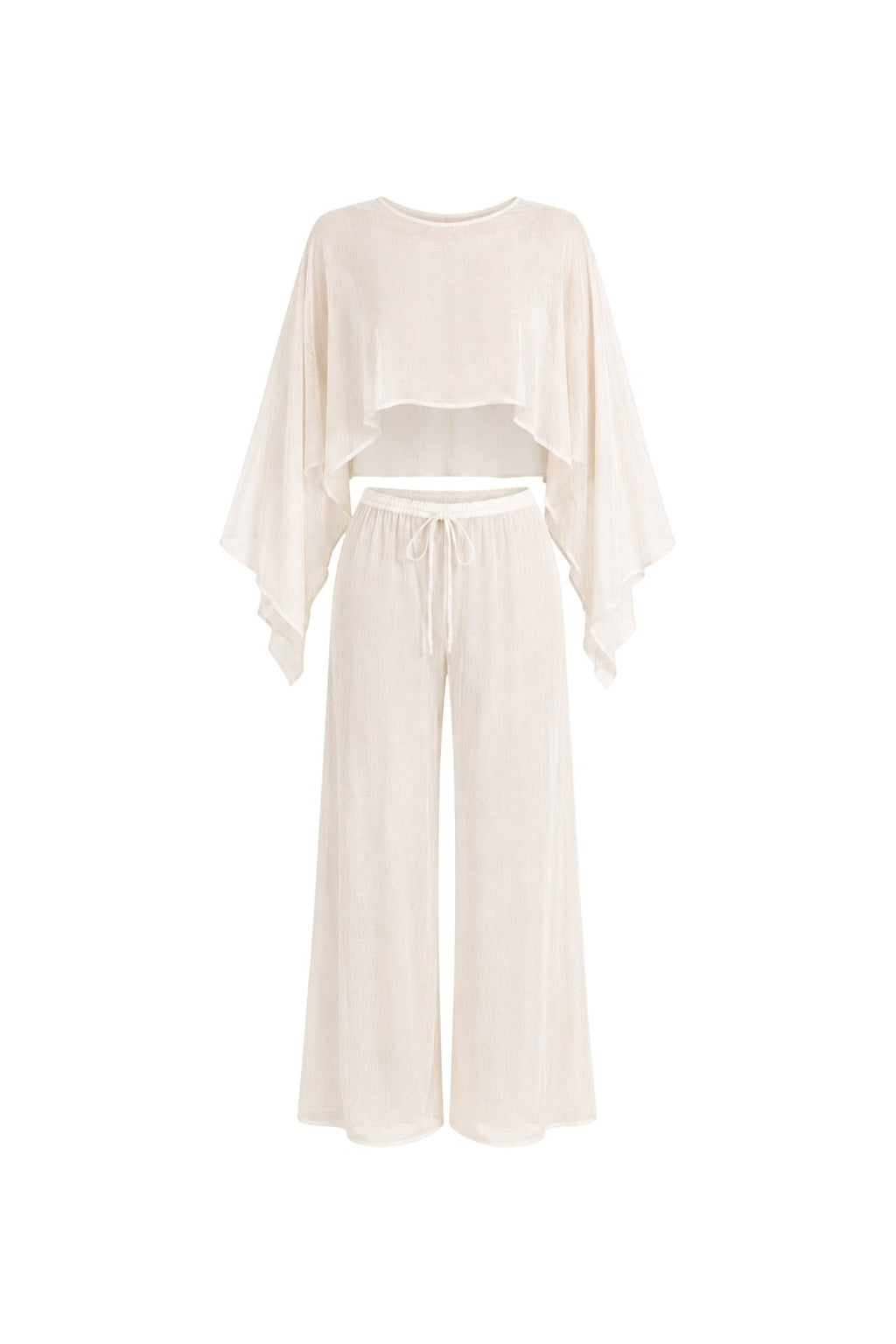 Wide Collar Crop Transparent Blouse High Waist Trousers Stone Double Suit