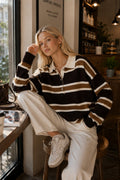 Striped Buttoned Polo Neck Beige Knitwear Blouse