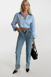 Torn Leg Asymmetric Laser Light Blue Jeans