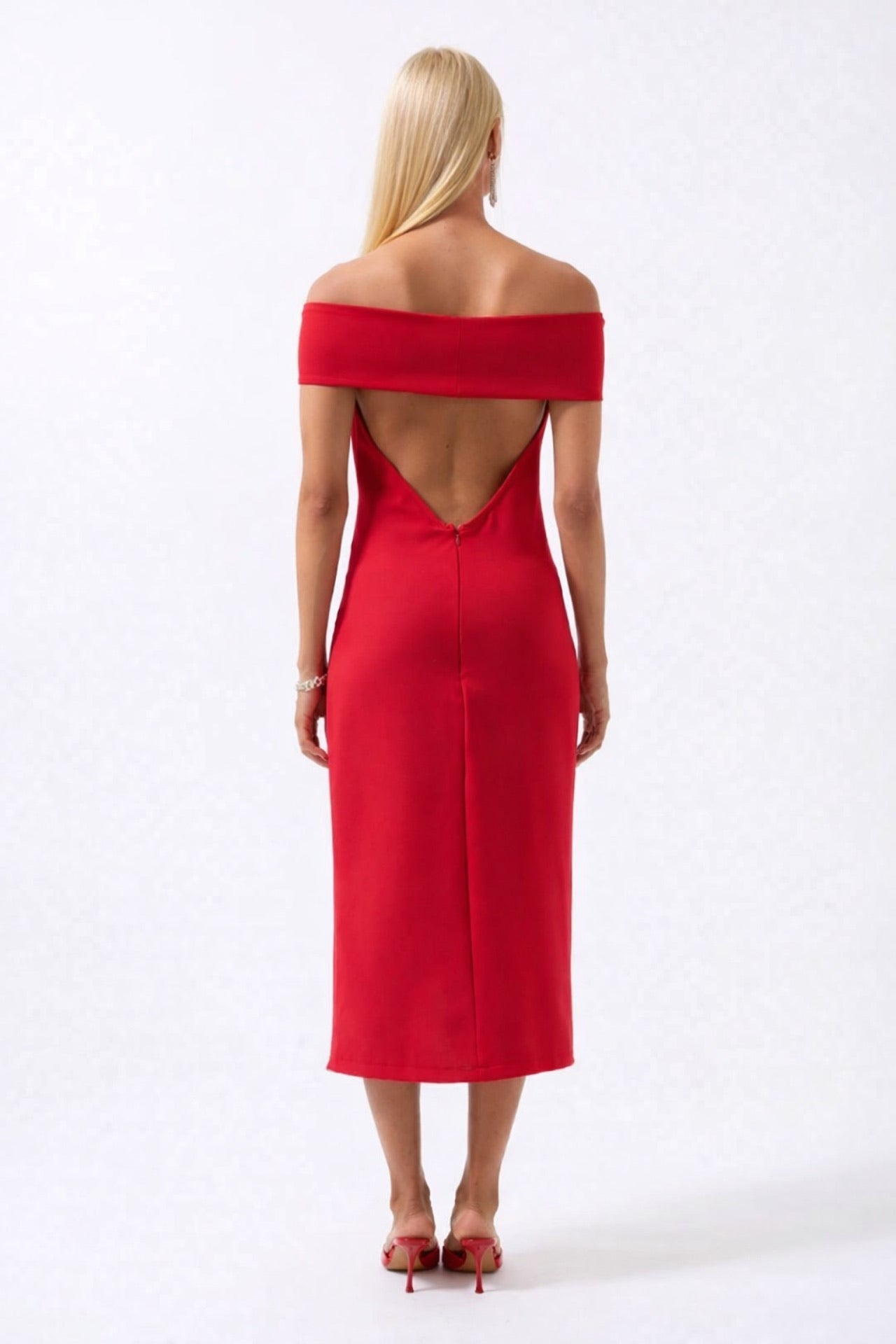 Shoulder Fold Detail Maxi Red Dress