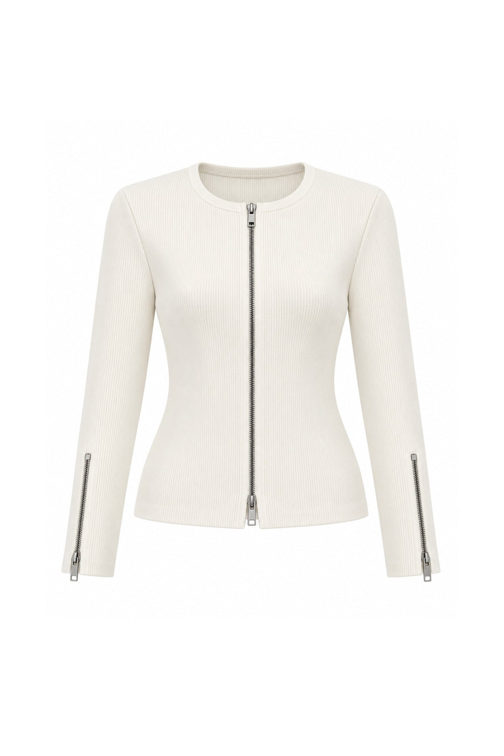 Double Fermuar Long Sleeve Beige Textured Blouse