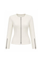 Double Fermuar Long Sleeve Beige Textured Blouse