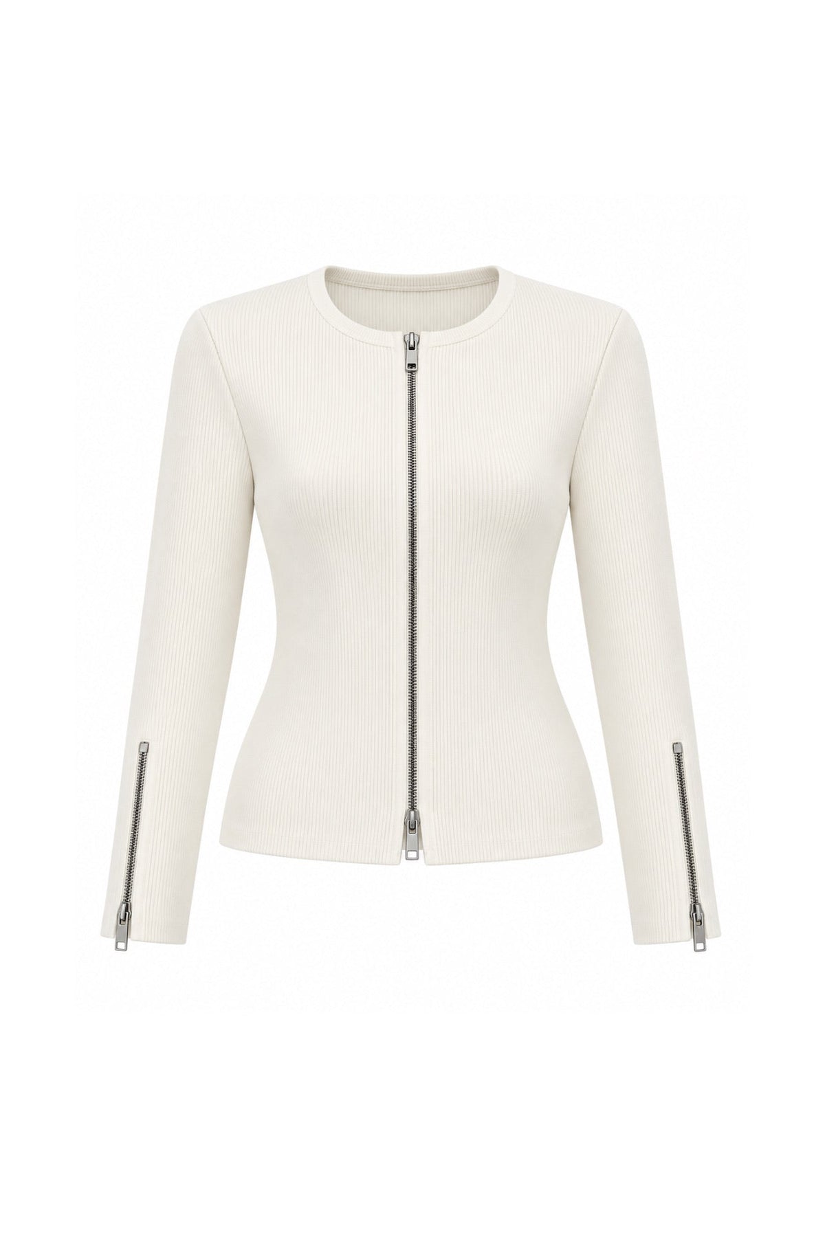 Double Fermuar Long Sleeve Beige Textured Blouse