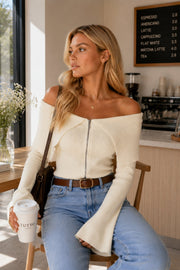 Ecru Madonna Neck Knitted Blouse with Zipper