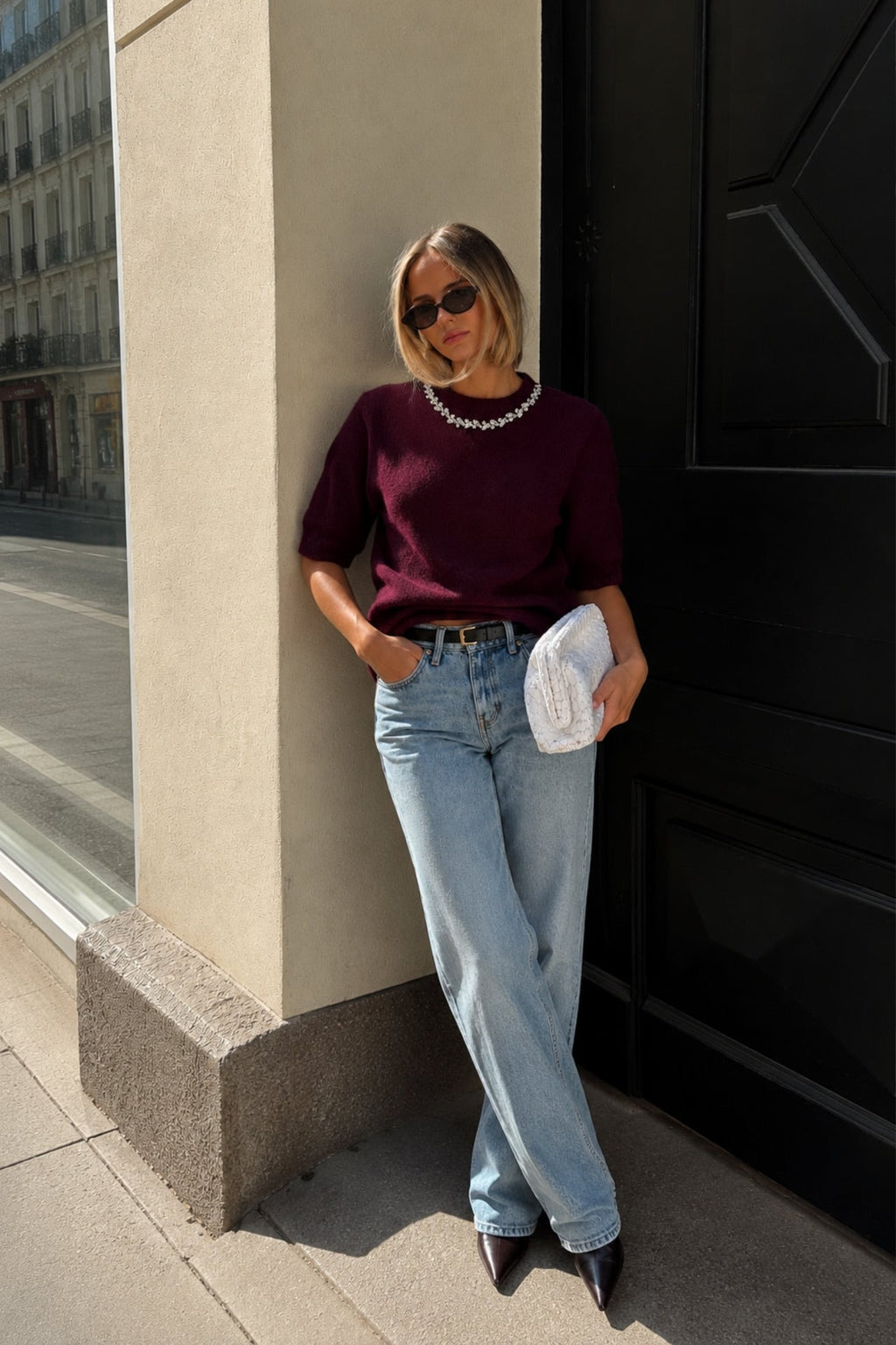Neck Stone Embellished Half-Sleeve Textured Burgundy Blouse
