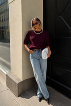 Neck Stone Embellished Half-Sleeve Textured Burgundy Blouse