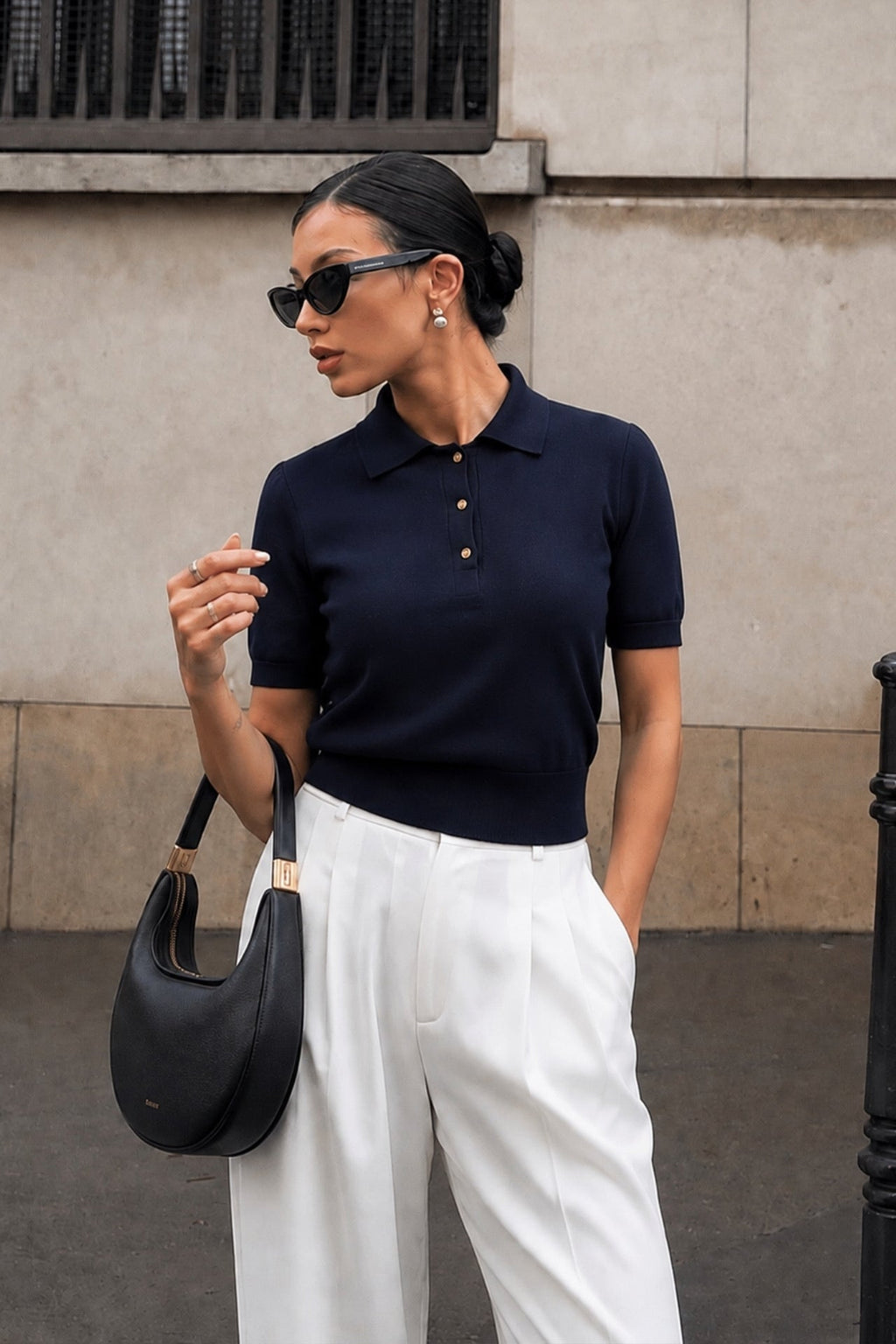 Polo Collar Gold Buttoned Navy Blouse